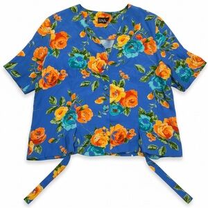 Vintage Blue Tropical Floral Boho Retro Button Up Short Sleeve Tunic Top Size M